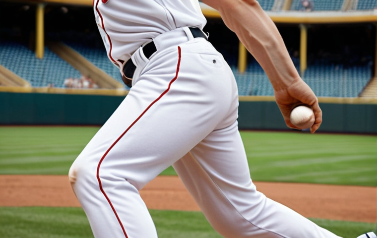 **
A baseball pitcher, captured in mid-motion, displaying perfect balance and a smooth arm motion. Focus on the coordination of the entire body, from the legs and core to the release point. The background shows a blurred baseball stadium.
**
