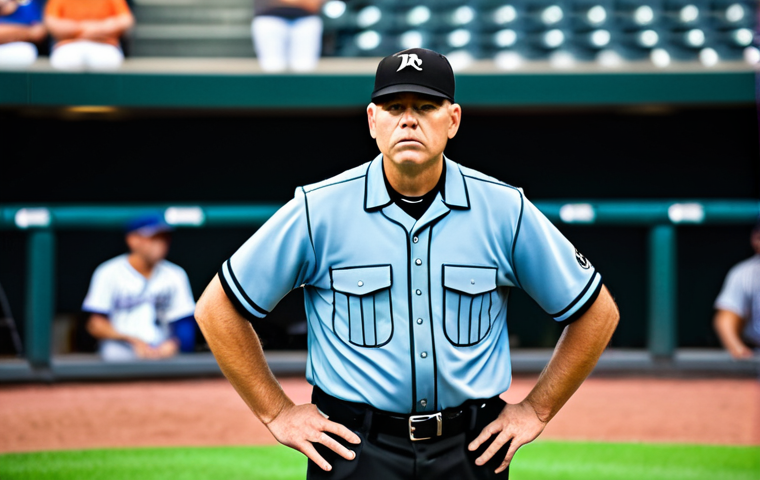 A professional baseball umpire in full official umpire gear, fully clothed, standing behind home plate with a focused, intense expression, overseeing a pitch during a game. The umpire is demonstrating deep concentration, with the blurred background of a modern baseball stadium. The scene captures the human element of decision-making under pressure, emphasizing their role in the precise sport. Perfect anatomy, correct proportions, natural pose, well-formed hands, proper finger count, natural body proportions, safe for work, appropriate content, modest clothing, professional photography, high quality.